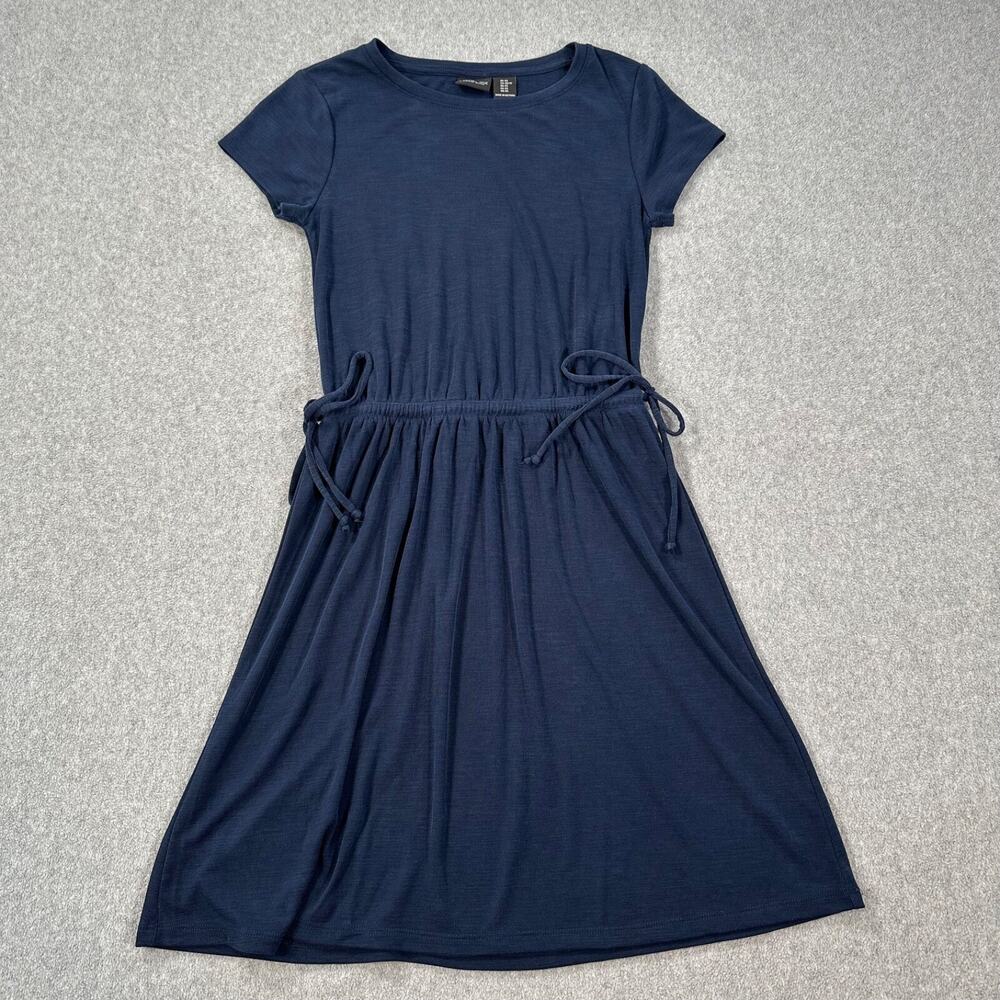 Rachel Zoe Ribbed Knit Blouson Dress Women's XS Navy Blue Side Ties Short Sleeve